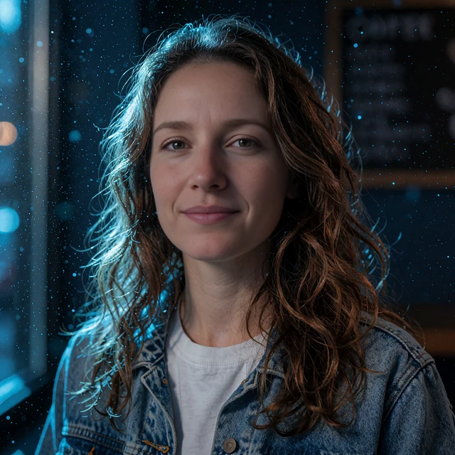 Woman in her mid-thirties with wavy brown hair and a denim jacket, shift-worker persona for this elvori review of dating apps