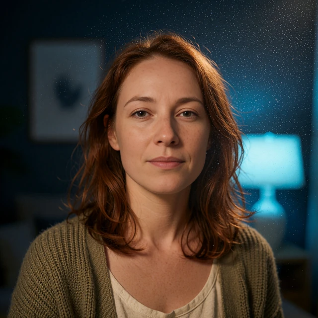 Freckled woman with auburn hair in an olive cardigan, a city dater seeking a tinder alternative in our elvori review